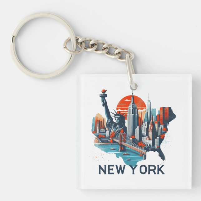 Retro New York Skyline Silhouette Key Ring (Front)