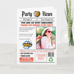 Retro Newspaper Birthday Party Photo Thank You Card