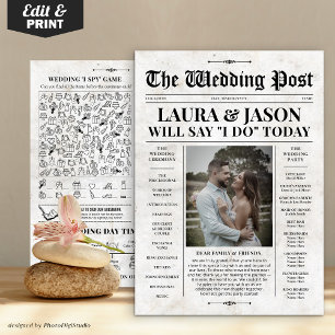 Retro Newspaper Wedding Program with Timeline Card
