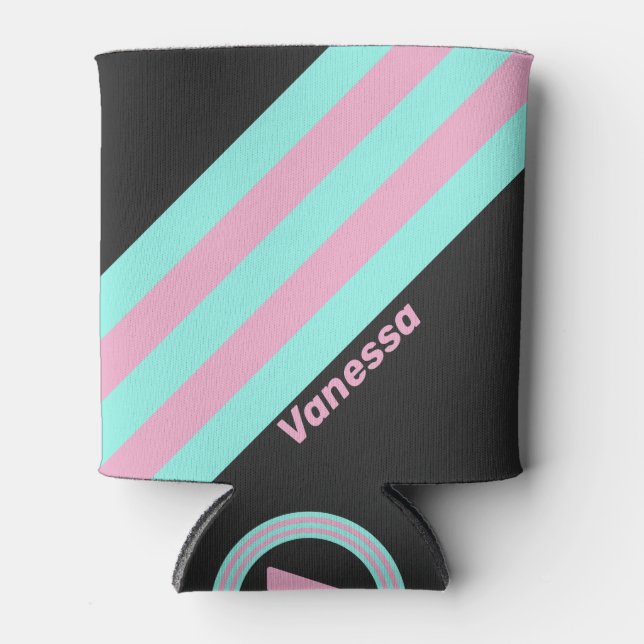 Retro Night Prism Stripes with Name Can Cooler (Front)