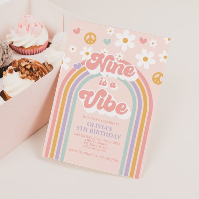 Retro Nine is a Vibe Rainbow 9th Birthday Invitation (Creator Uploaded)
