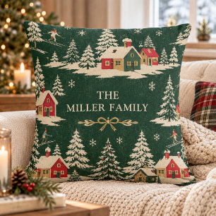Retro Nordic Alpine Vintage Winter Village Name Cushion