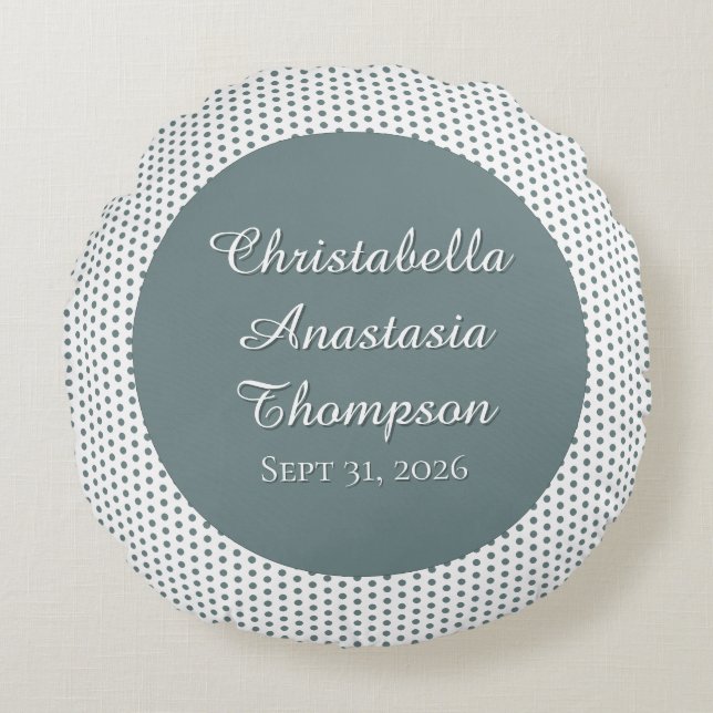 Retro Nostalgic Green Polka Dot Birth Stats Round Cushion (Front)