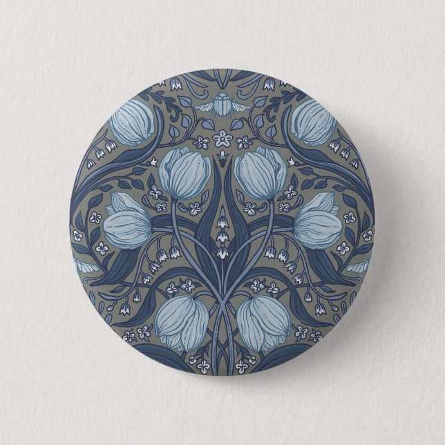 Retro Nouveau Tulips in blue and pewter 6 Cm Round Badge (Front)