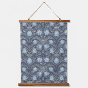 Retro Nouveau Tulips in blue and pewter Hanging Tapestry