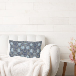 Retro Nouveau Tulips in blue and pewter Lumbar Cushion