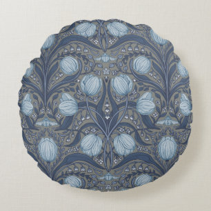 Retro Nouveau Tulips in blue and pewter Round Cushion