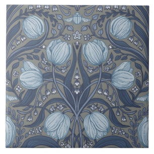 Retro Nouveau Tulips in blue and pewter Tile