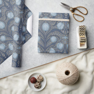 Retro Nouveau Tulips in blue and pewter Wrapping Paper