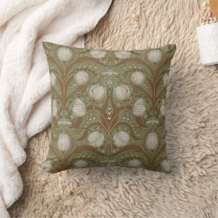 Retro Nouveau Tulips in orange and teal Cushion