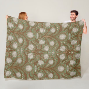 Retro Nouveau Tulips in orange and teal Fleece Blanket