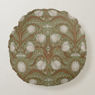 Retro Nouveau Tulips in orange and teal Round Cushion