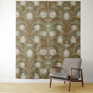 Retro Nouveau Tulips in orange and teal Tapestry