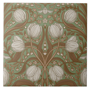 Retro Nouveau Tulips in sage and brown Tile