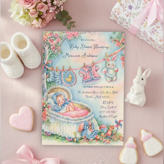 Retro Nursery Clothesline Welcome Baby Girl Invitation