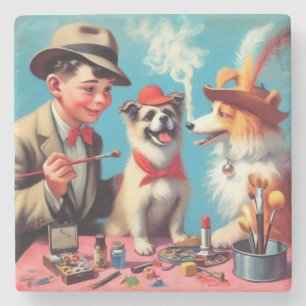 Retro Oil Painting Happy Dogs Stone Coaster