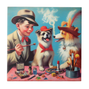 Retro Oil Painting Happy Dogs Tile