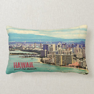 Retro Old Look Hawaii Oahu Island Waikiki Beach Lumbar Cushion