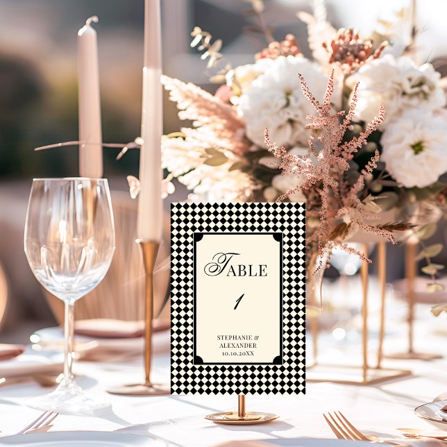 Retro Old Money Black & Ivory Chequered Wedding Table Number (Creator Uploaded)