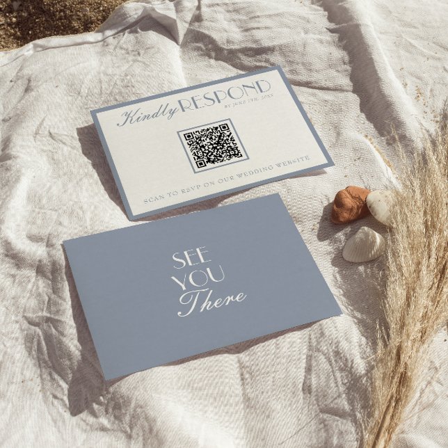 Retro Old Money Dusty Blue QR Code Wedding RSVP Card (Creator Uploaded)