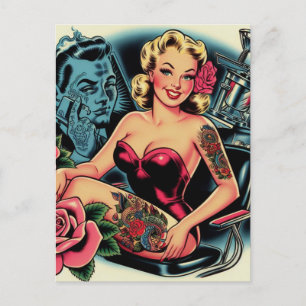 Retro Old School Tattoo Pin Up Postcard