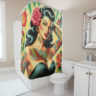 Retro Old School Tattoo Pinup Shower Curtain