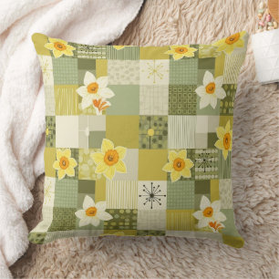 Retro Olive Daffodil Floral Tile - Mid Century Cushion