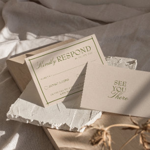 Retro Olive Green Beige Boho Old Money Wedding RSVP Card