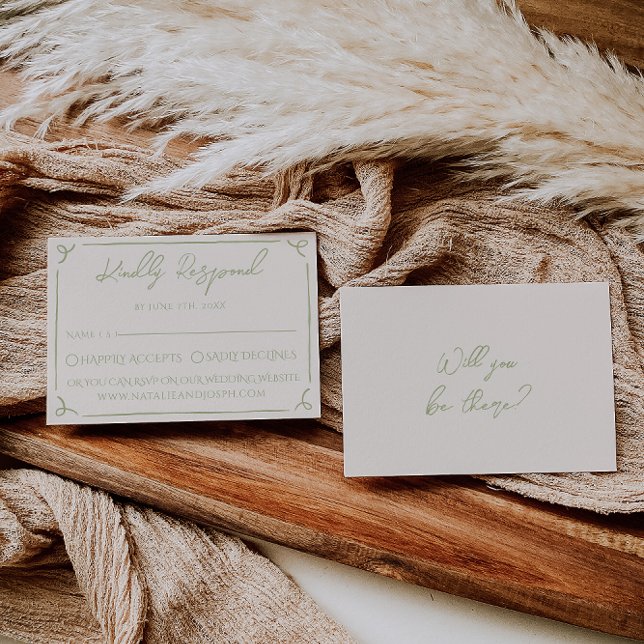 Retro Olive Green Hand Written Drawn Wedding RSVP Card (Creator Uploaded)