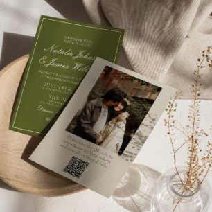 Retro Olive Green Old Money QR Code Photo Wedding Invitation