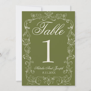 Retro Olive Green Old Money Wedding Table Number