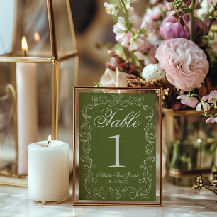 Retro Olive Green Old Money Wedding Table Number