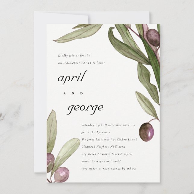 RETRO OLIVE WATERCOLOR PURPLE ENGAGEMENT INVITE (Front)