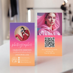 Retro Ombre gradient qr code logo photographer Business Card