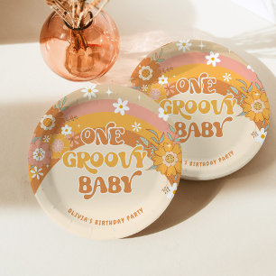 Retro one groovy baby birthday paper plate