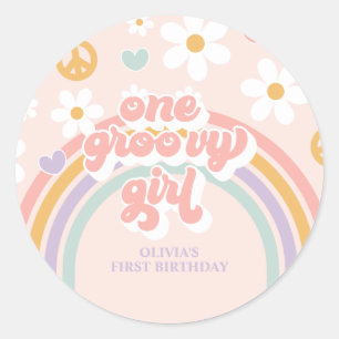 Retro One Groovy Girl Rainbow 1ST Birthday Classic Round Sticker