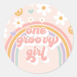 Retro One Groovy Girl Rainbow Birthday Classic Round Sticker