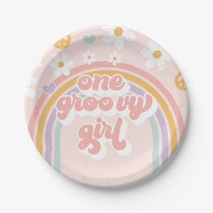 Retro One Groovy Girl Rainbow Birthday Paper Plate
