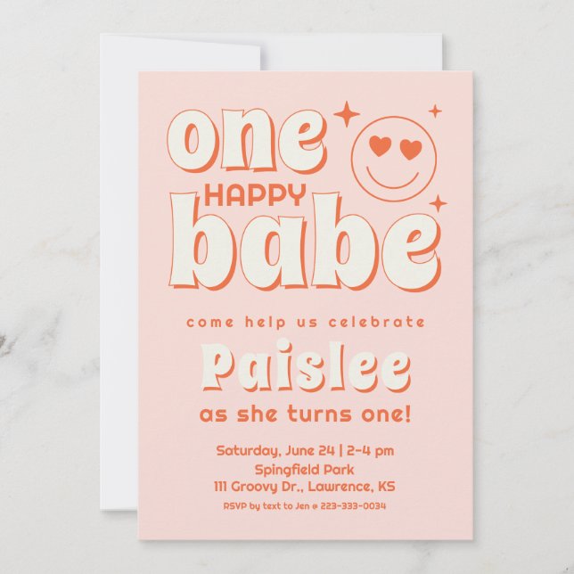 Retro One Happy Babe First Birthday Invitation (Front)