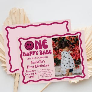 Retro One Happy Babe  First Birthday photo  Invitation