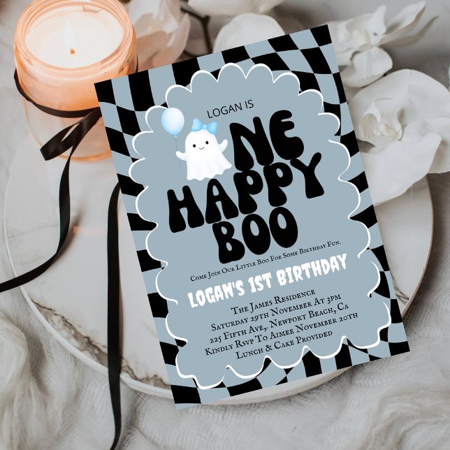 Retro One Happy Boo Boy 1st Birthday Photo Party Invitation (Creator Uploaded)