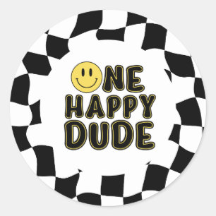 Retro One Happy Dude First Birthday Party Classic Round Sticker