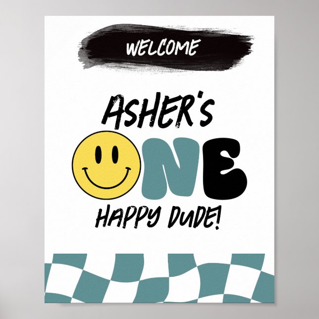 Retro One Happy Dude First Birthday Welcome Sign (Front)