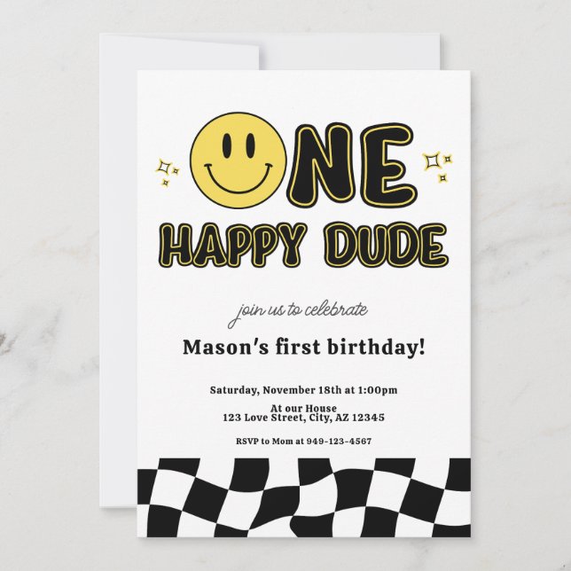 Retro One Happy Dude Happy Face first Birthday Invitation (Front)