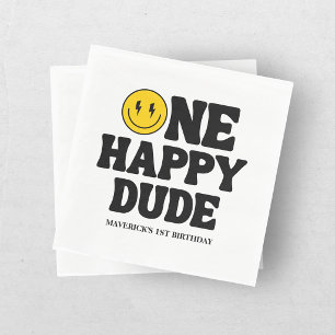 Retro One Happy Dude Smile Face Boy 1st Birthday Napkin