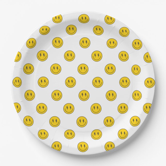 Retro One Happy Dude Smile Face Boy 1st Birthday Paper Plate (Front)