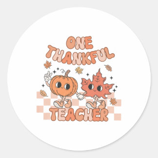 Retro One Thankful Teacher Pumpkin And Autumn Leaf Classic Round Sticker