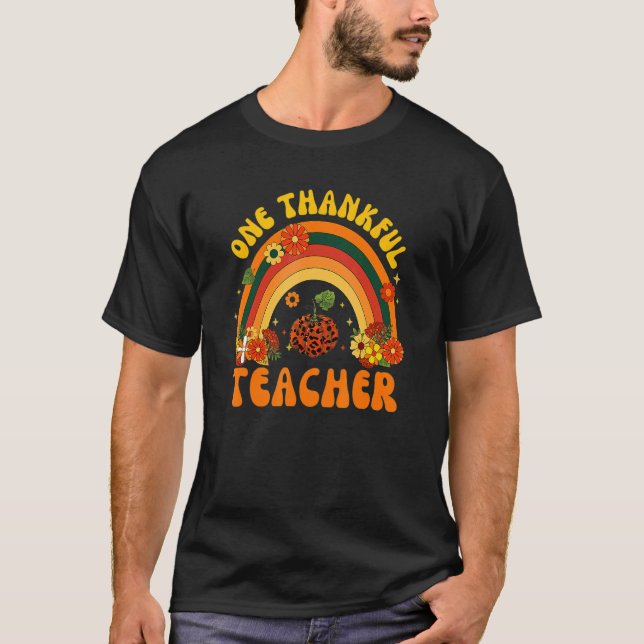 Retro One Thankful Teacher Thanksgiving Fall Mens  T-Shirt (Front)