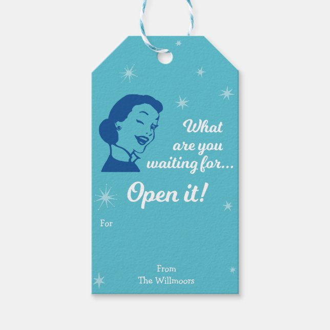 Retro Open it! | Gift Tags | Blue (Front)