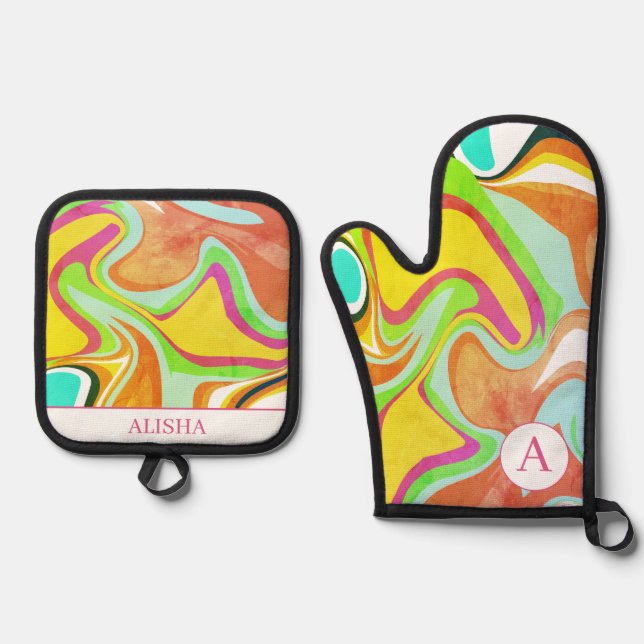 Retro Orange Abstract Artistic Custom Oven Mitt & Pot Holder Set (Front)